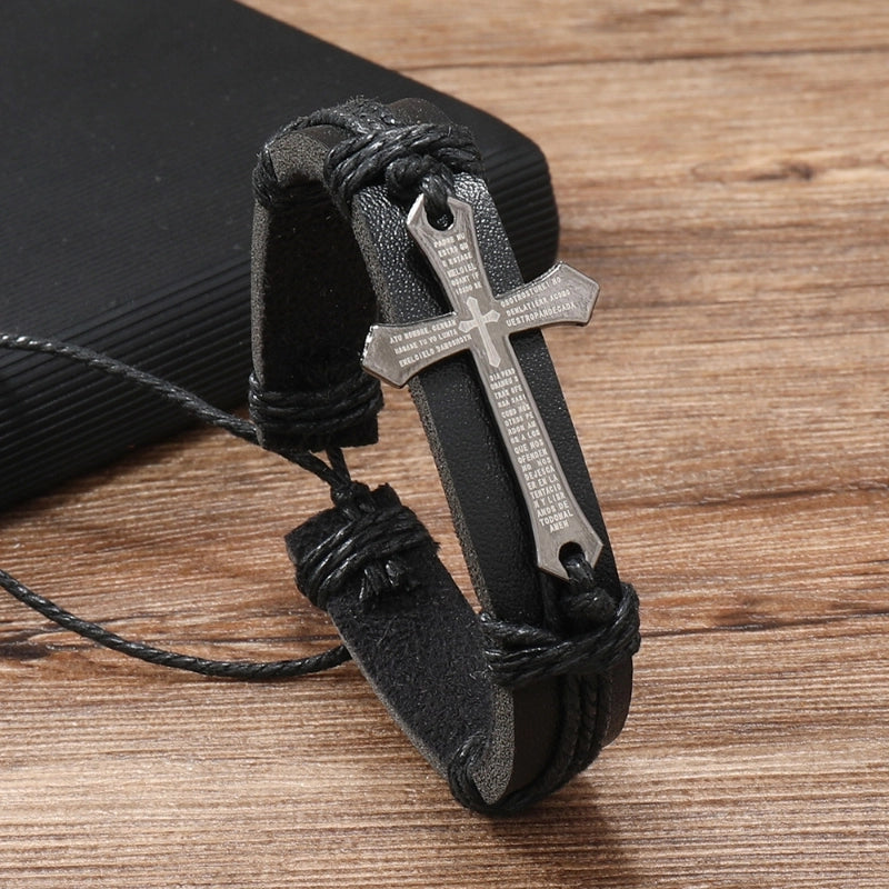 Retro Solid Color Pu Leather Knitting Men's Bangle