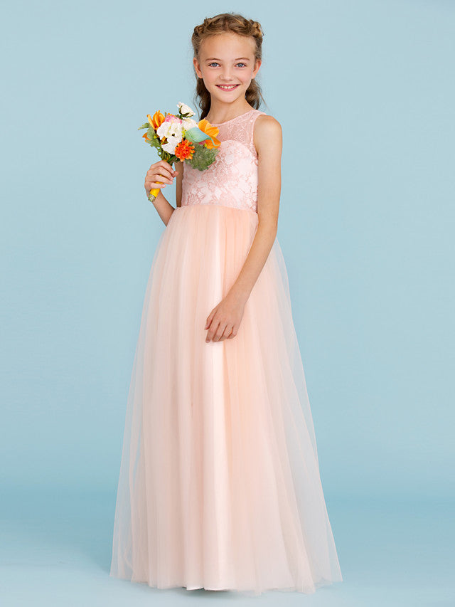 Oknass Princess A-Line Crew Neck Floor Length Lace Tulle Junior Flower Girl Dress With Pleats Wedding Party