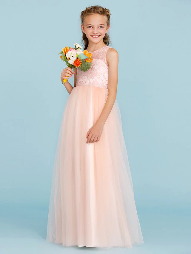 Hellodresses Princess A-Line Crew Neck Floor Length Lace Tulle Junior Flower Girl Dress With Pleats Wedding Party
