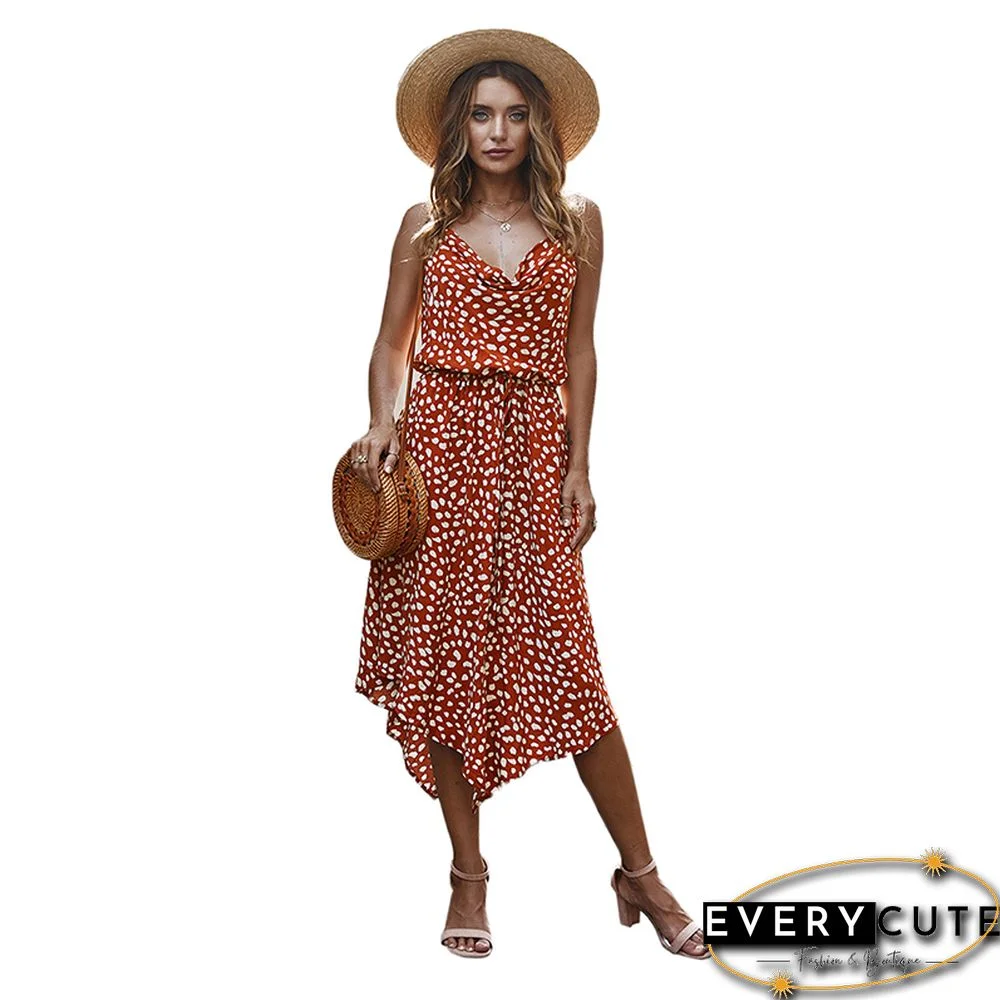 Orange Polka Dot Drawstring Casual Dress