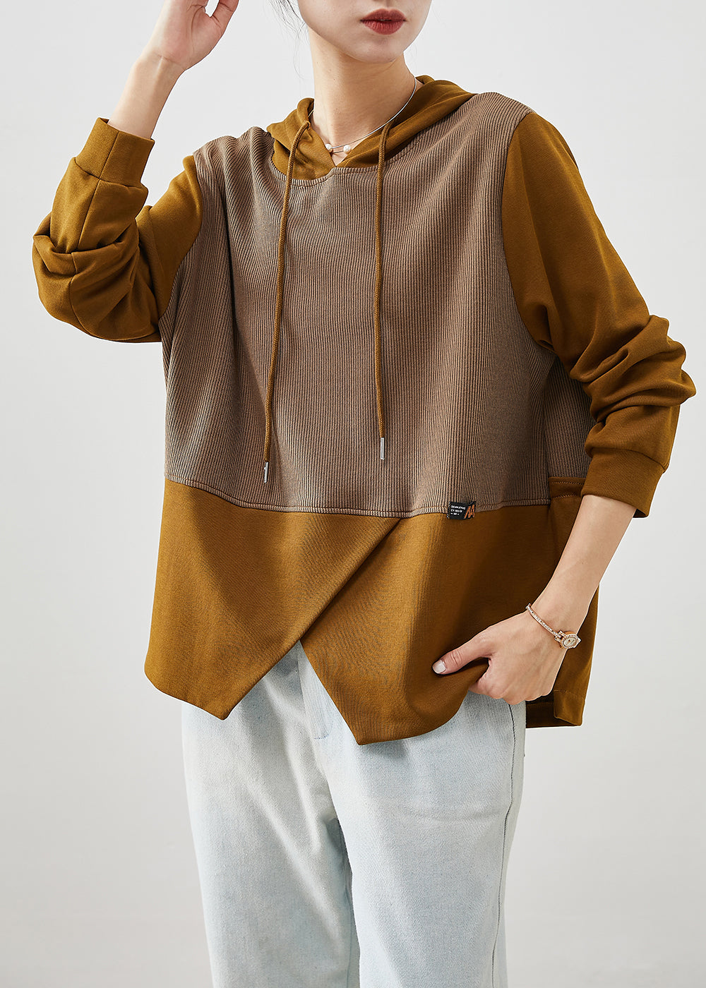 VCSHOES Brown Asymmetrical Patchwork Cotton Sweatshirts Top Fall