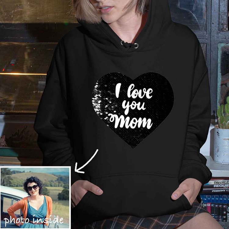 Custom I Love You Mom Flip Sequin Hoodie (Double Print)