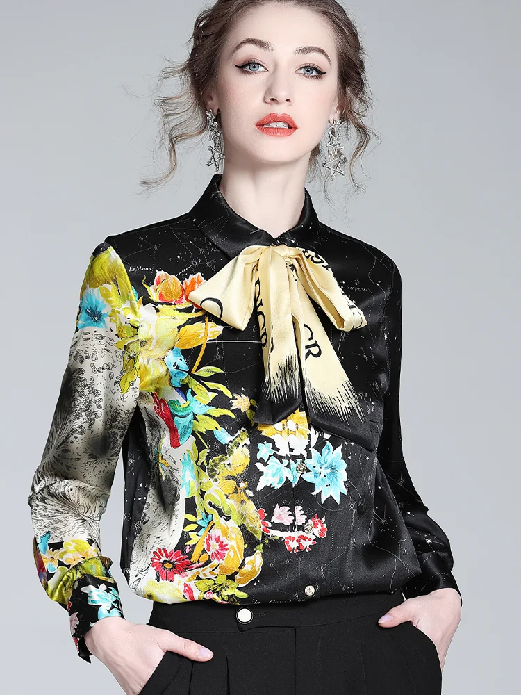 Dressy Floral Print Women's Silk Bow Blouse  REAL SILK LIFE