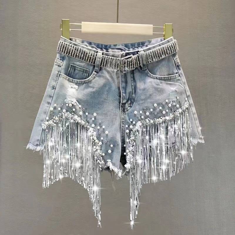 Elegant High-Waist Denim Shorts for Women - Summer 2025 Zara Look with Embellished Fringe Design