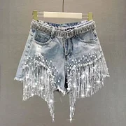 Elegant High-Waist Denim Shorts for Women - Summer 2025 Zara Look with Embellished Fringe Design