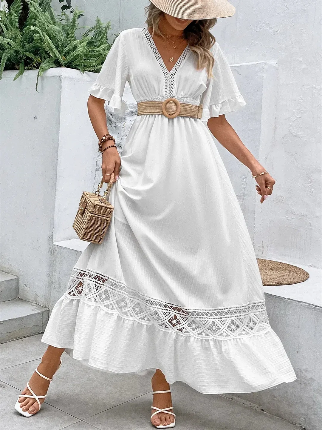 Women's Short Sleeve V-neck Hollow Lace Stitching Maxi Dress