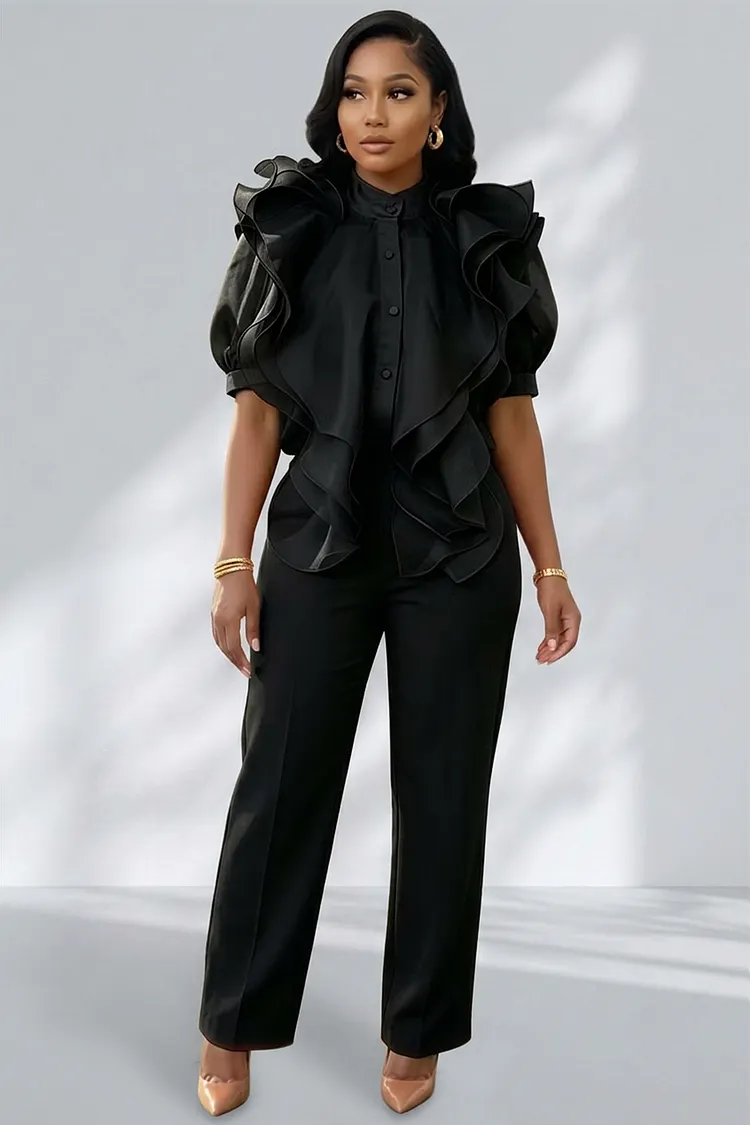 Xpluswear Design Plus Size Formal Orange Mock Neck Puff Sleeve Short Sleeve Ruffle Organza Two Piece Pant Sets [Pre-Order] 2024 - Xpluswear