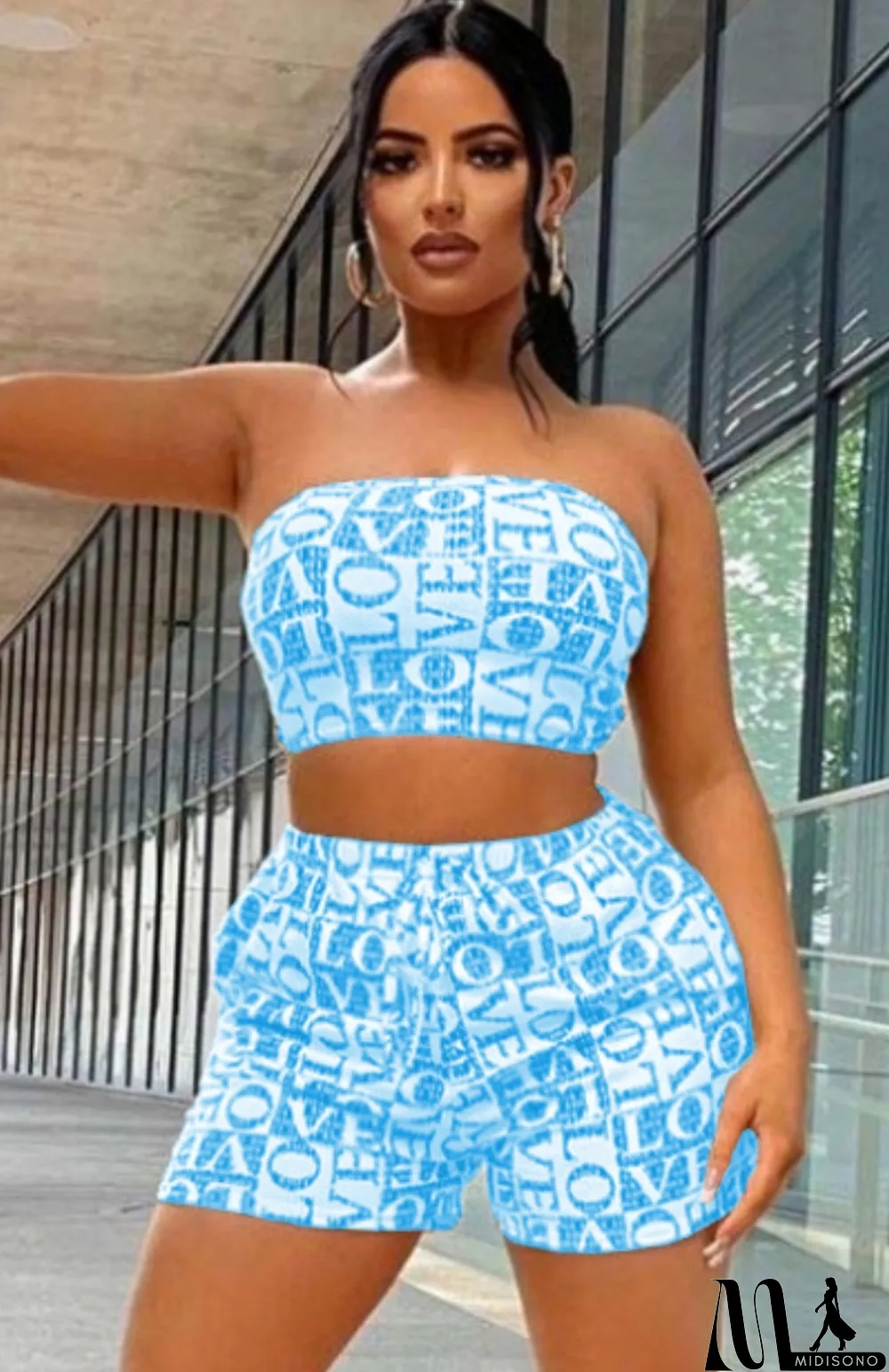 MidiSono - Summer Print Blue Strapless Crop Top and Shorts Set
