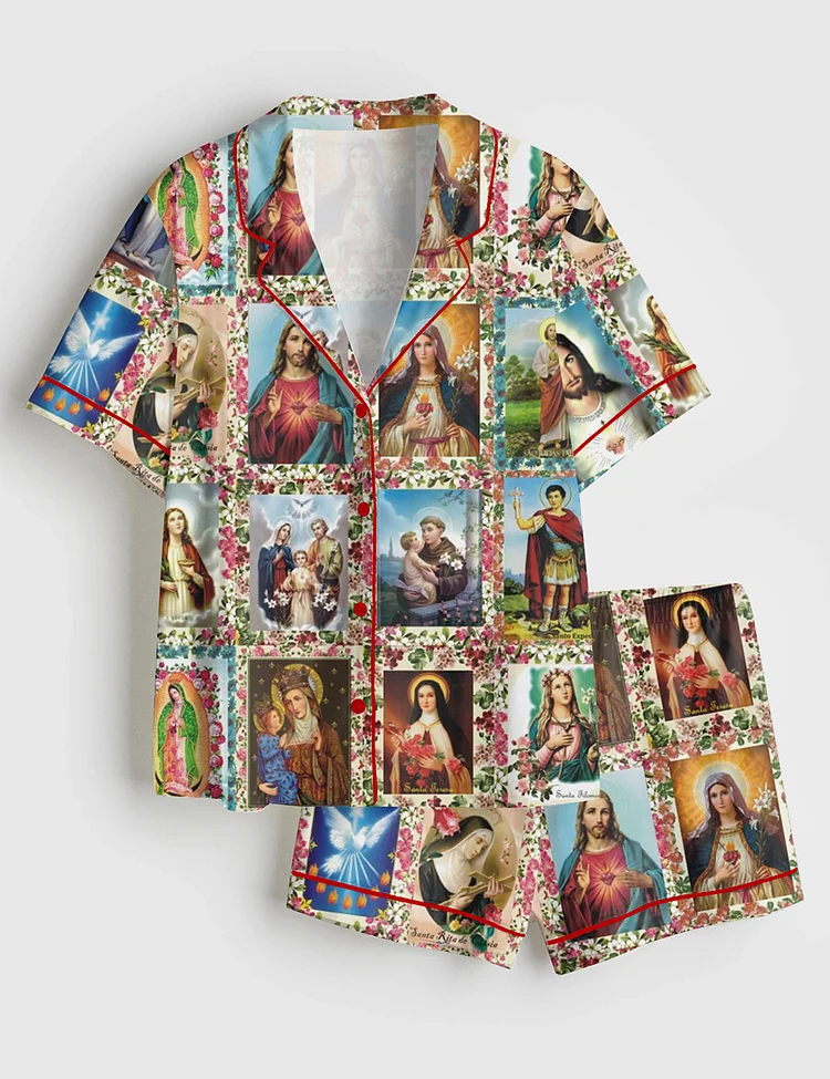 Women&rsquo;s Catholic Saints Jesus God Short Sleeve Satin Pajama Set