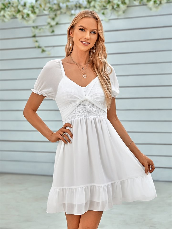 Casual Summer Models V-neck Solid Color Waist Short-sleeved Dress -vasmok