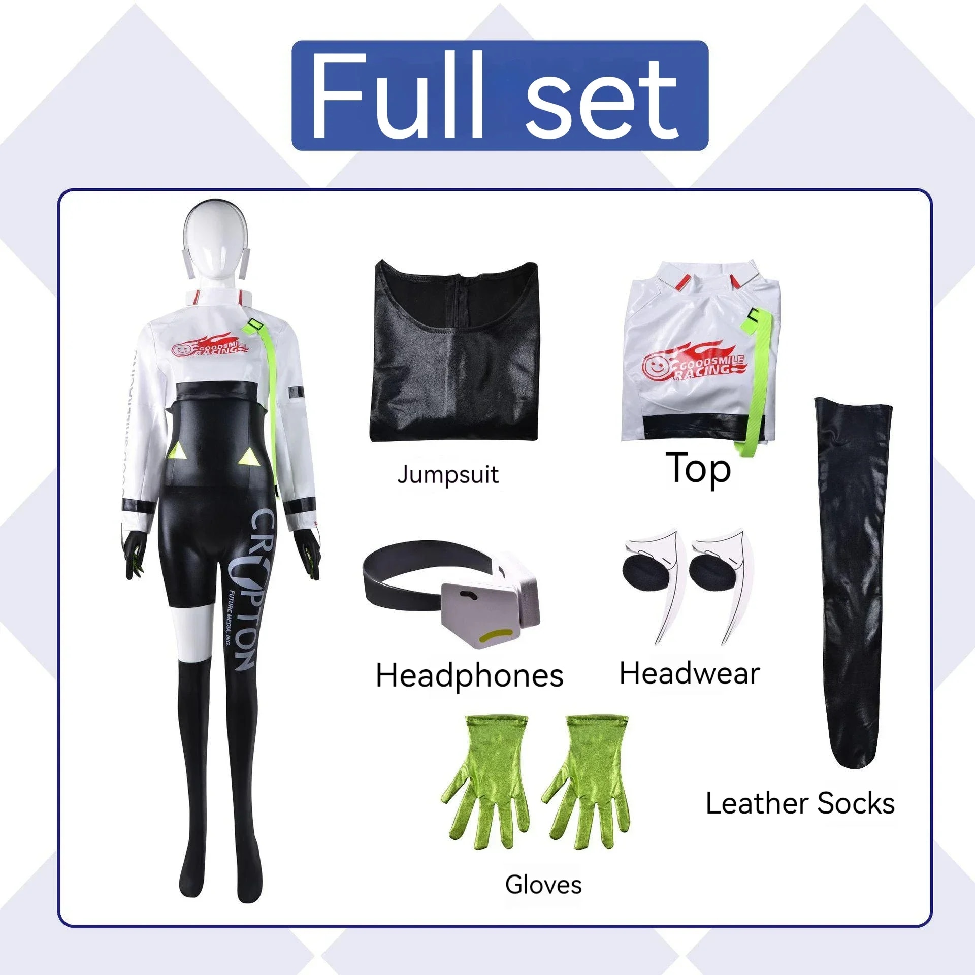 [Wetrose] Miku Racer Cosplay Costume 2022 Racing Suit Wig Full Set PU Leather Bodysuit Jumpsuit