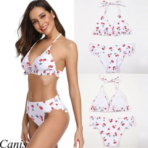 Summer Women Bandage Cherry print Bikini Set Push-up Bra Swimsuit Bathing Suit Beach Swimwear