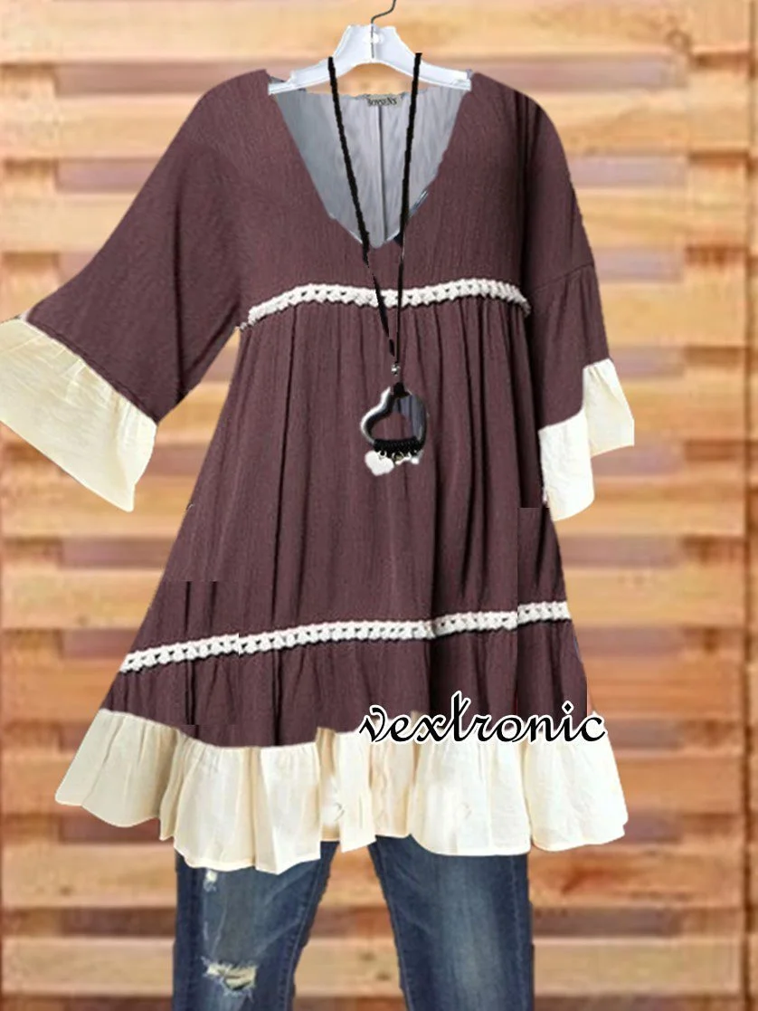 Women Half Sleeve V-neck Solid Color Dress