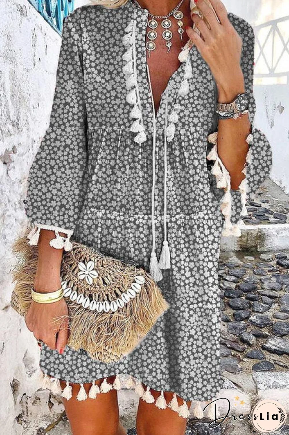 Floral Print V-Neck Tassel Stitching Boho Mini Dress P11956