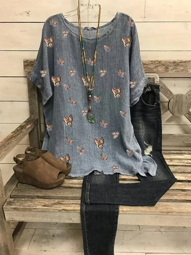 Gray Short Sleeve Cotton Crew Neck Shirts & Tops