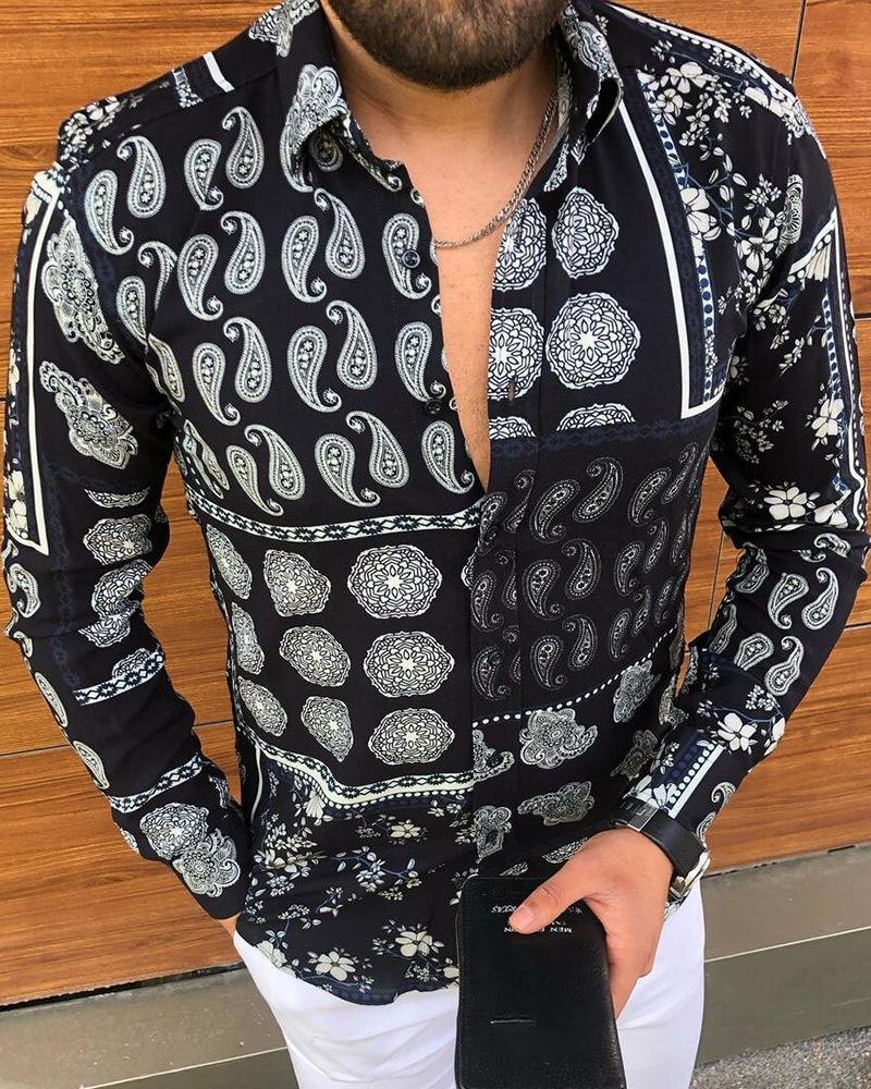 Casual Cashew Flower Texture Print Long-sleeved Shirt