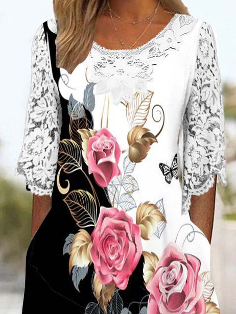 Women's 3/4 Sleeve Scoop Neck Floral Printed Lace Stitching Midi Dress