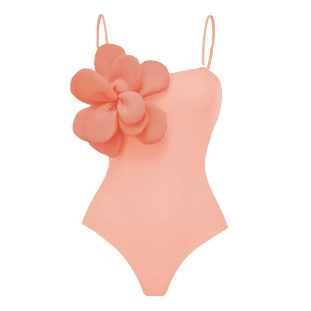 Churchf Solid Color Slings With Breast-Wear Three-Dimensional Flower Sleeves In A Row Swimsuit Women's 2025 New Swimwear