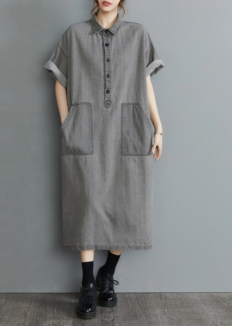 DIY Grey Oversized Pockets Side Open Denim Vacation Dress Summer