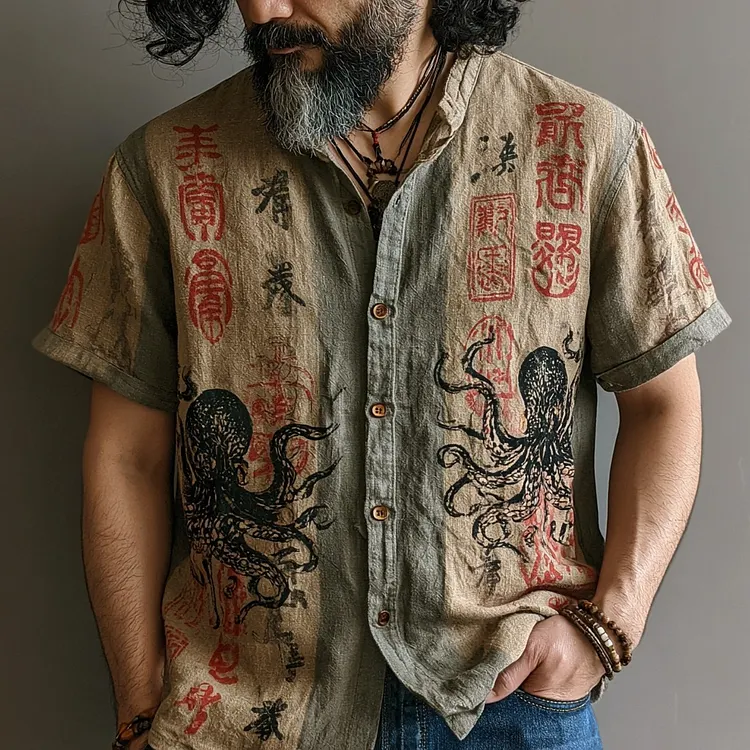 Men's Retro Japanese Calligraphy And Octopus Art Pattern Casual Shirt