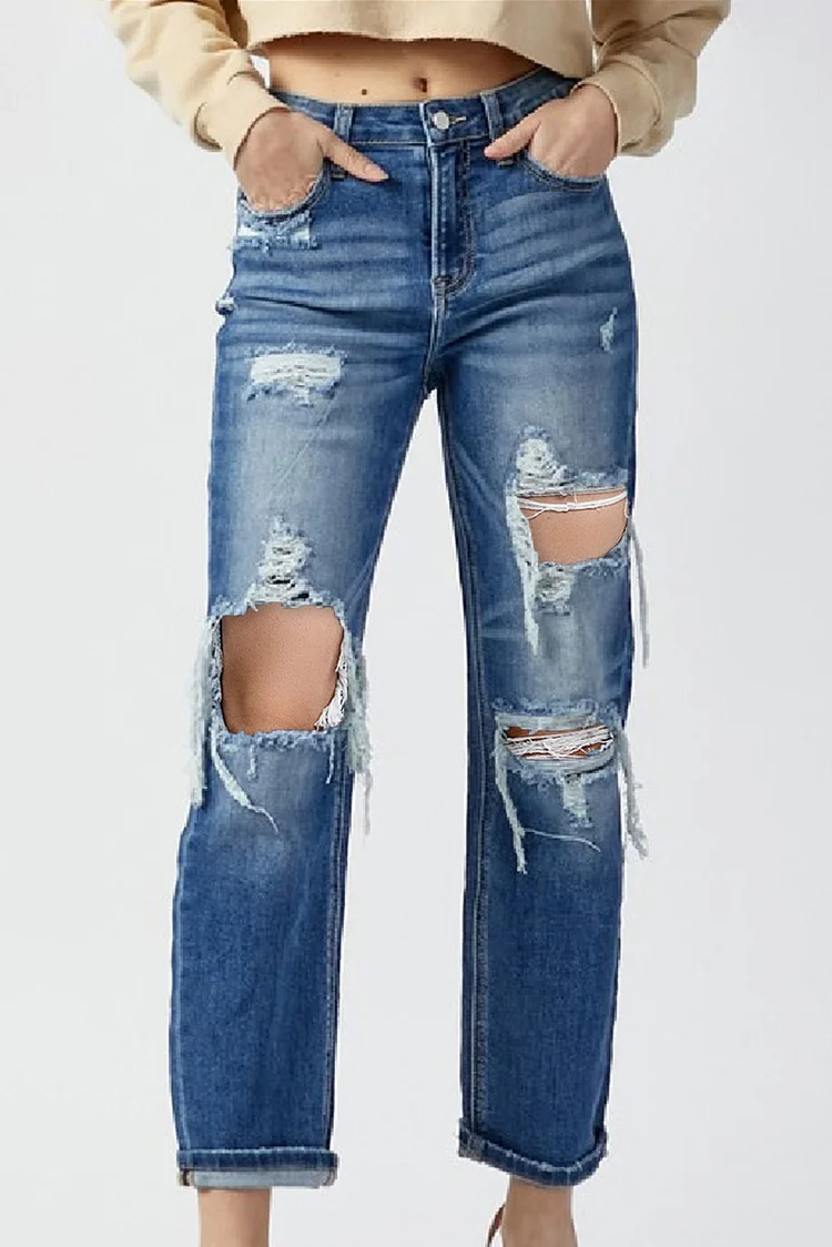 Straight Leg Mid Waist Denim Casual Ripped Jeans socialshop