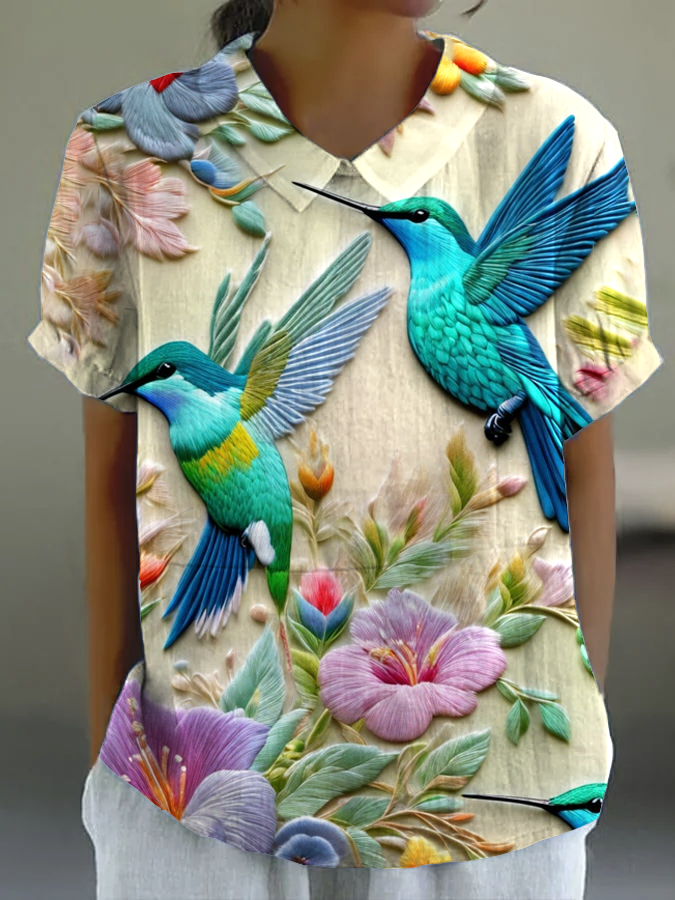 Women's Lapel Short Sleeve Flower and Bird Art Painting Casual Printed Large Size Top