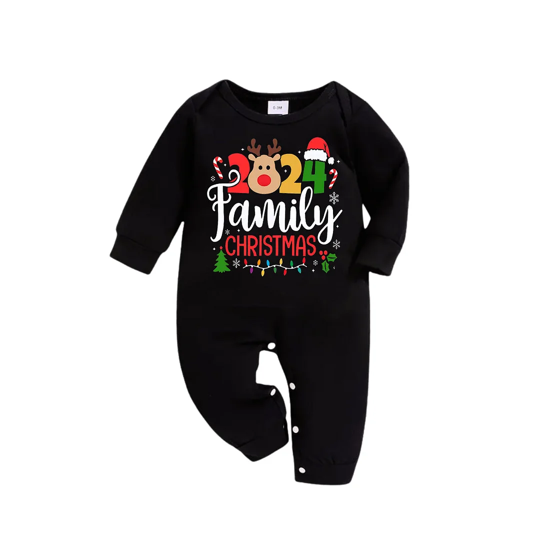 Cute Deer and "Family Christmas 2024" Print Black and Green Plaid Family Matching Pajamas
