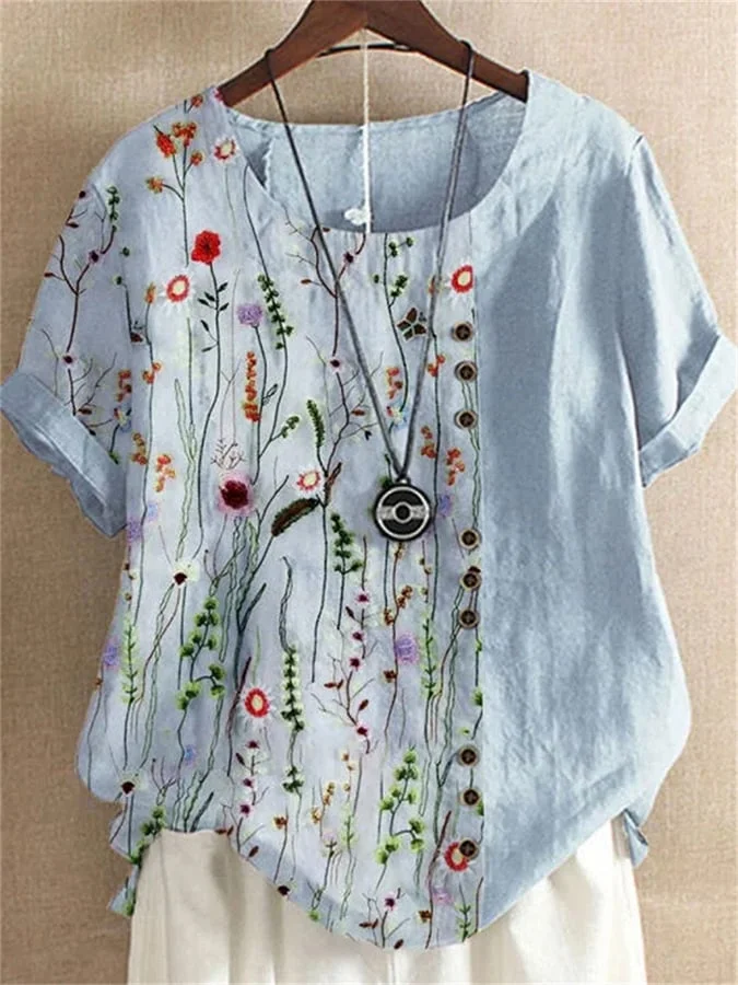 Cotton Linen Print Short Sleeve Casual Shirt