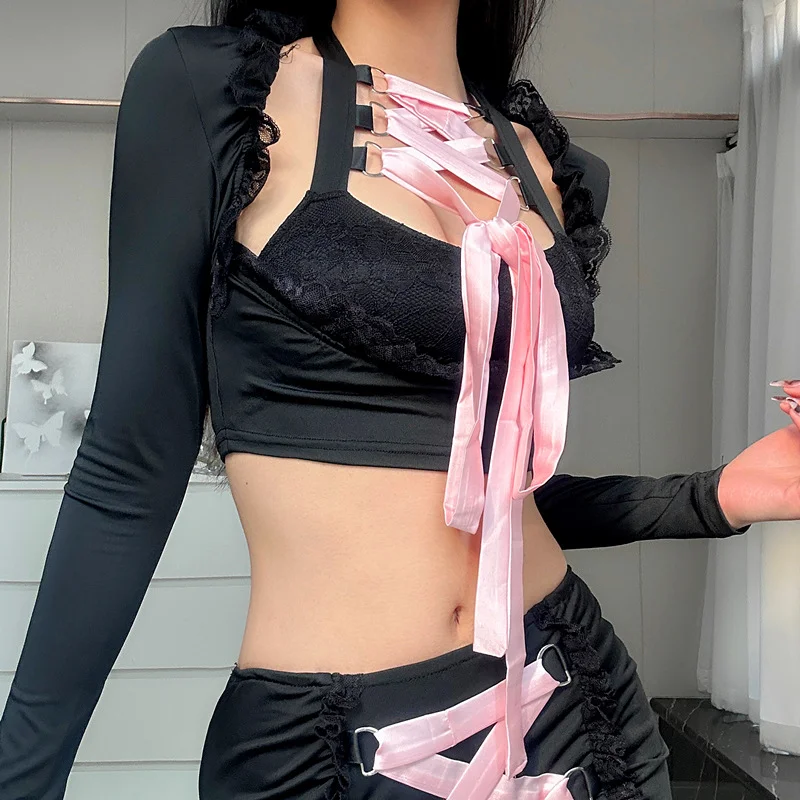 Uveng Uveng Winter New Ins Pure Desire Hot Girl Lace With Long Sleeve Top Lace Splicing Package Buttock Skirt Suit Female