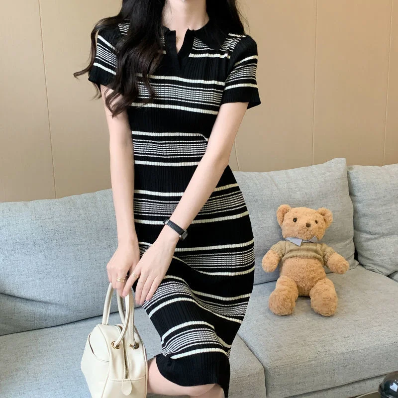 Uveng Uveng Striped Knitted Dress Girl Summer Polo Collar Short-Sleeved Dress Casual Dress To Close The Waist Thin Small Dress
