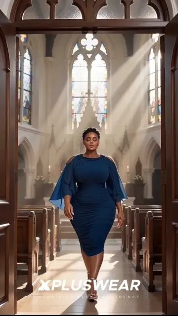 Xpluswear Design Plus Size Churchs Elegant Blue Round Neck Cold Shoulder 3/4 Sleeve Fold Bodycon Midi Dresses [Pre-Order] 2024 - Xpluswear