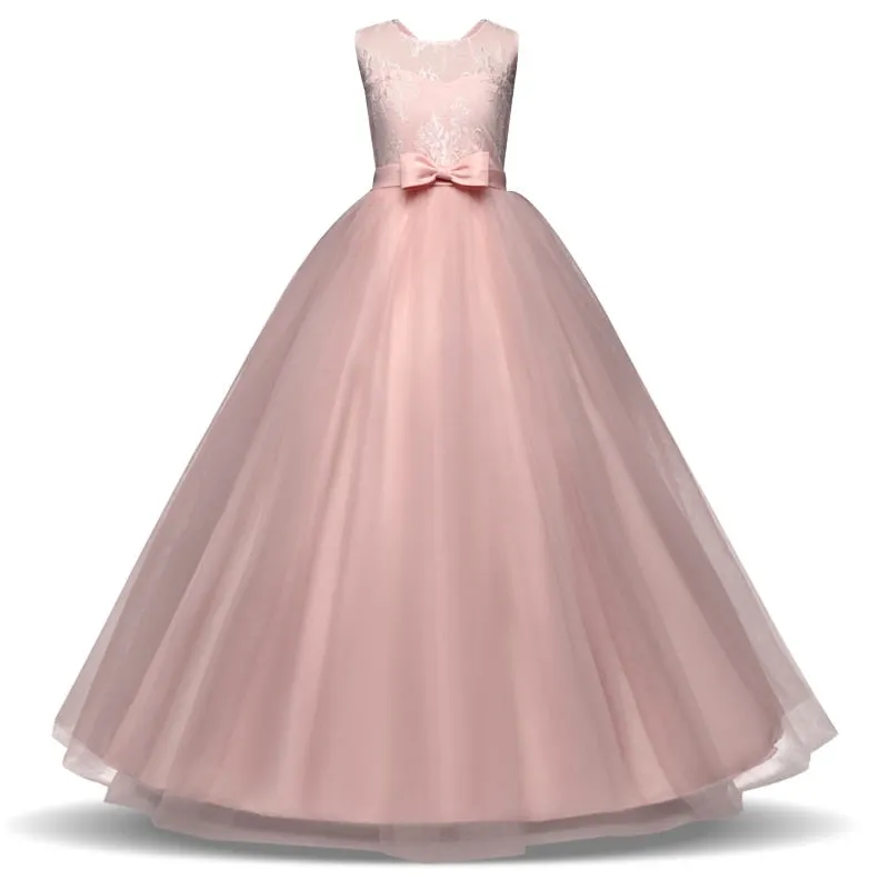 New Princess Lace Dress Kids Flower Embroidery Dress For Girls Vintage Children Dresses For Wedding Party Formal Ball Gown 14T