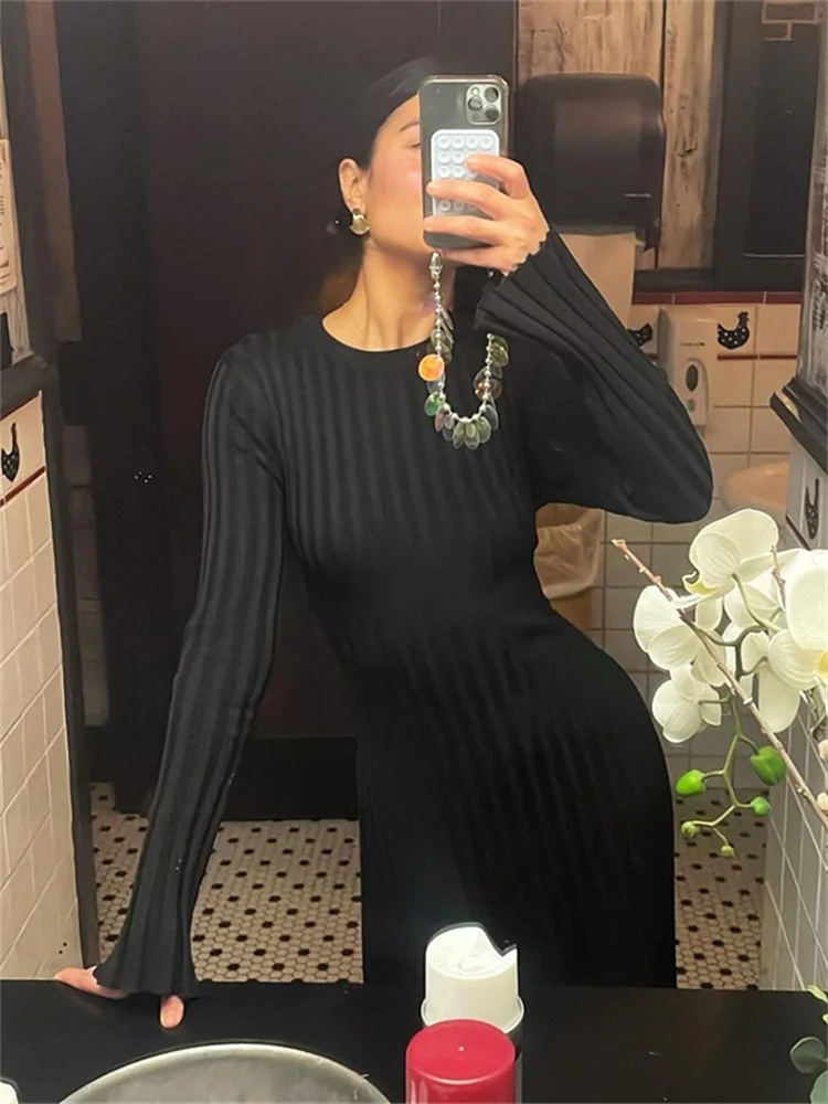 Uveng Uveng Spring Knitting Bottom Long Sleeve Long Dress Women's Round Neck Solid Color Strap High Waist Tight Dress