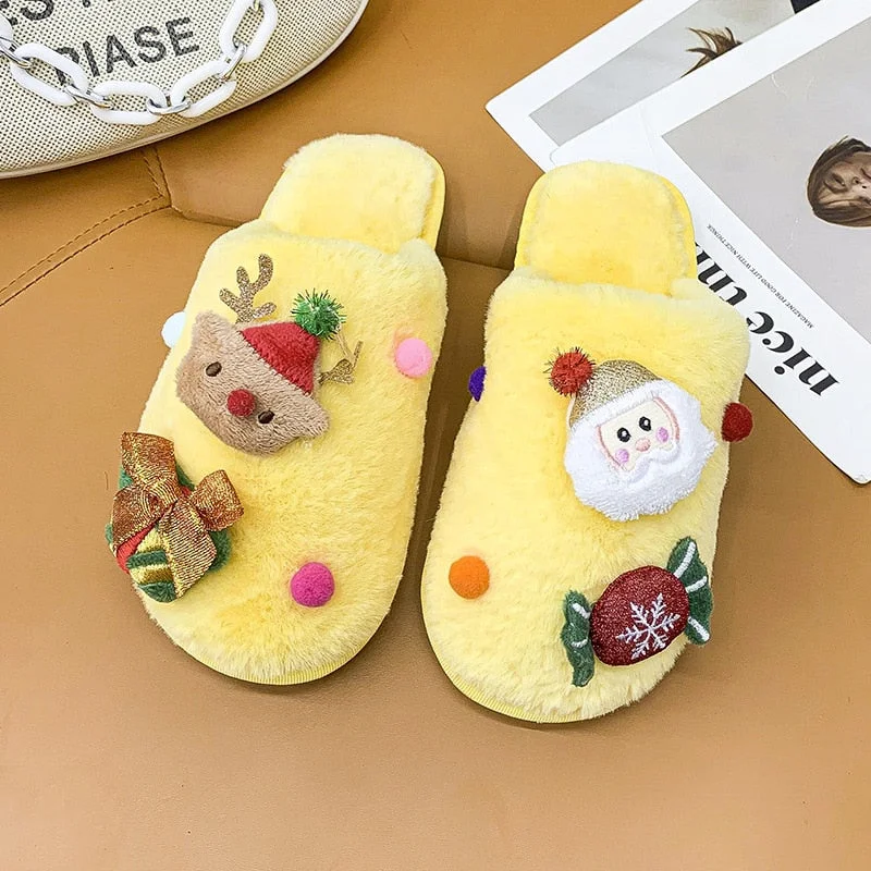 Christmas Cotton Slippers Women Winter Plush Warm Cotton Shoes Indoor Home Bag Toe Soft-soled Slippers Non-slip Santa Shoes