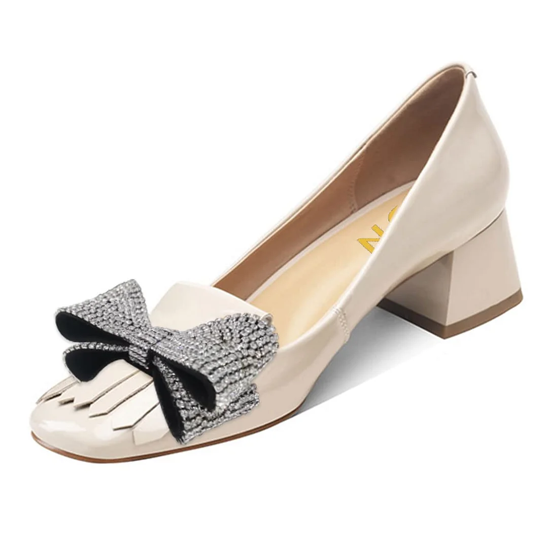 Beige Fringe Chunky Heel Rhinestone Bow Square Toe Pumps for Women