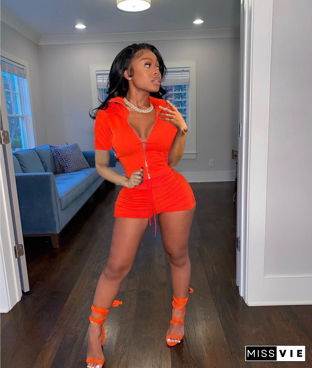Short Sleeve Zipper Up Top Biker Shorts Tracksuit