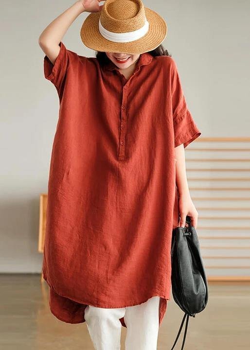 Plus Size - Red Linen Women Casual Pure Shirt
