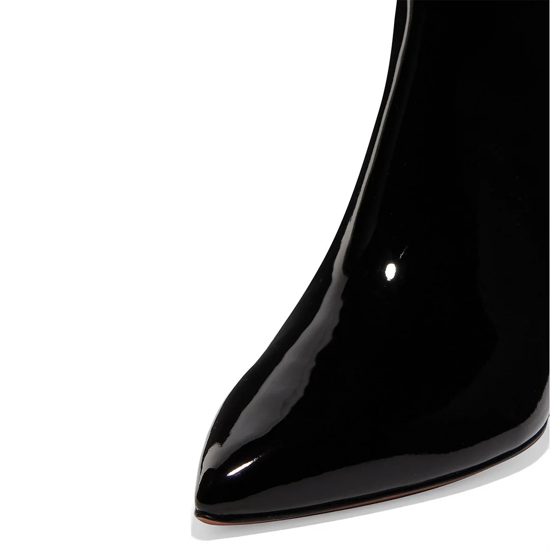 Black Patent Leather Pointed Toe Side Zipper Kitten Heel Ankle Boots