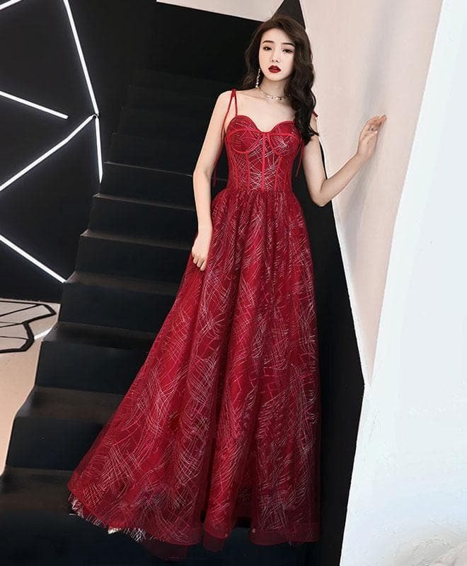 Unique Sweetheart Tulle Long Prom Dress, Burgundy Tulle Evening Dress