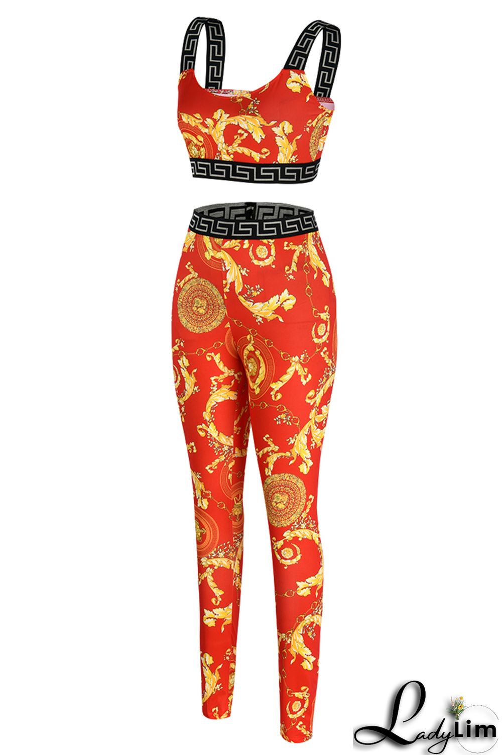 Red Fashion Casual Print Patchwork Backless O Neck Sleeveless Two Pieces