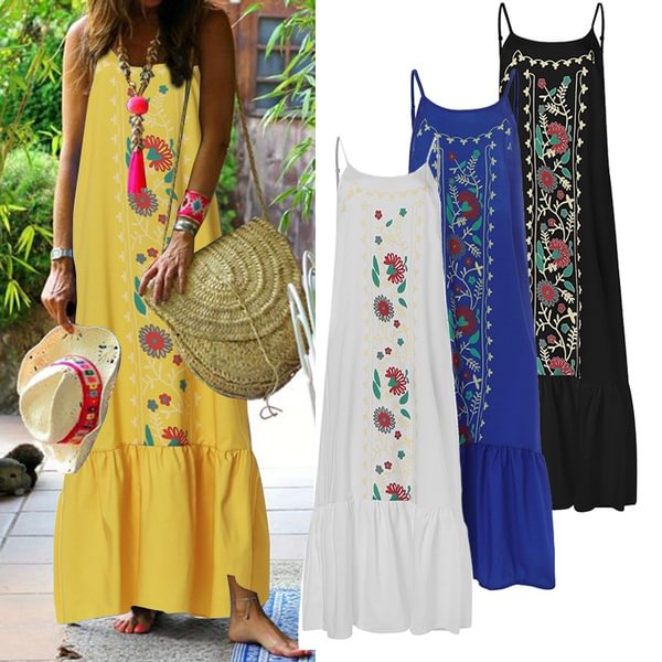 Women Summer Sleeveless Vintage Holiday Bohemian Plus Size Floral Tank Dress Sundress Long Dresses - Shop Trendy Women's Clothing | LoverChic