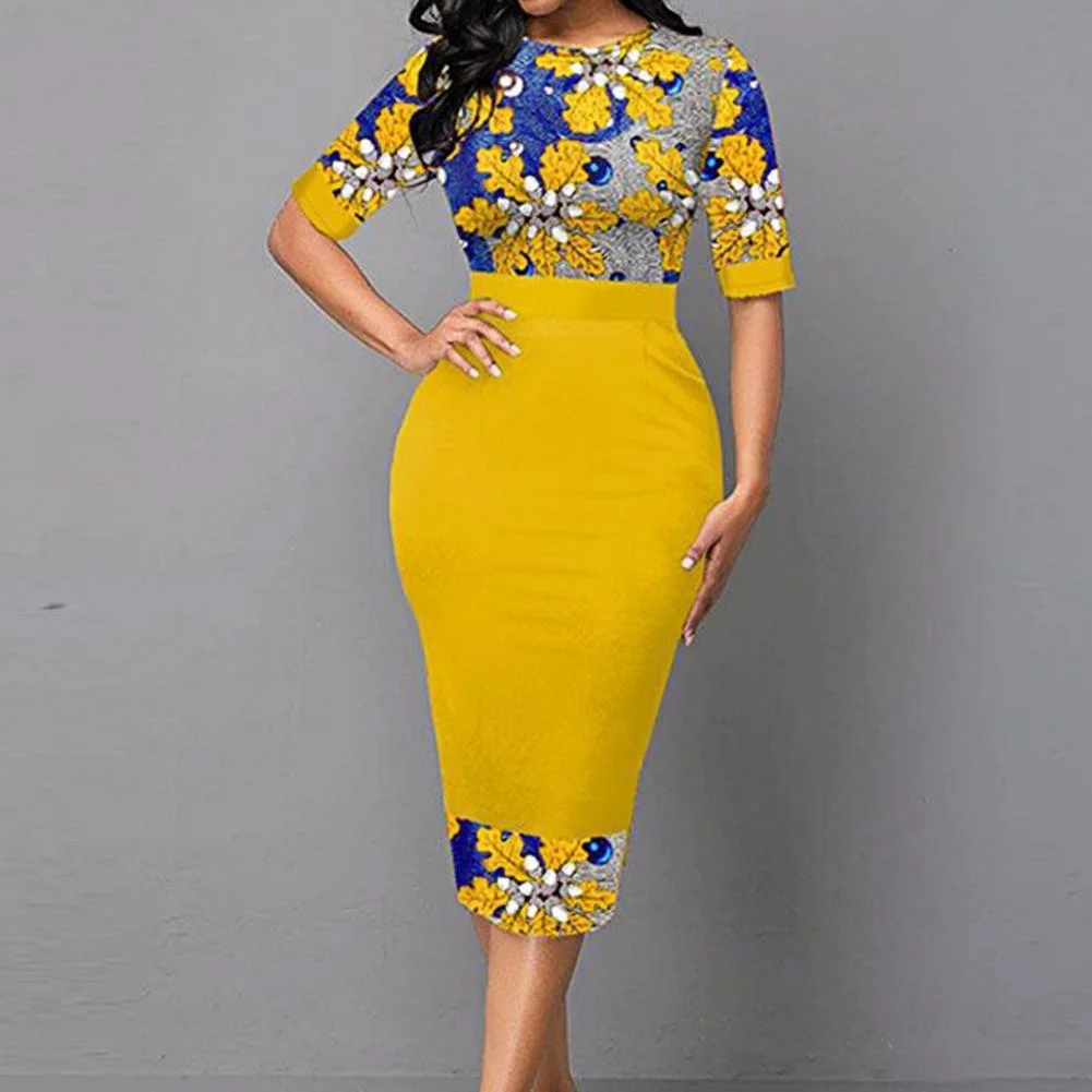 Elegant Office Ladies Midi Dress Sets Slim Leaf Printing High Waist 2021 Outfits Wavy Stripes Split Skinny Bodycon Dress Party