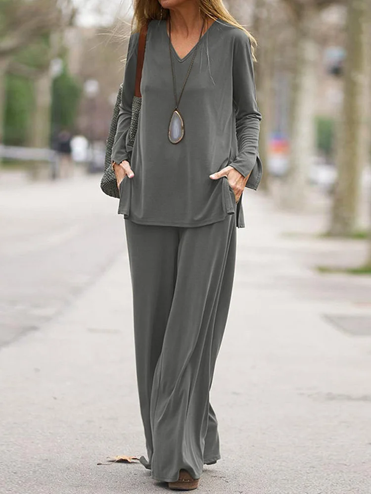 Casual Solid Color Loose Top and Wide Leg Pants Set