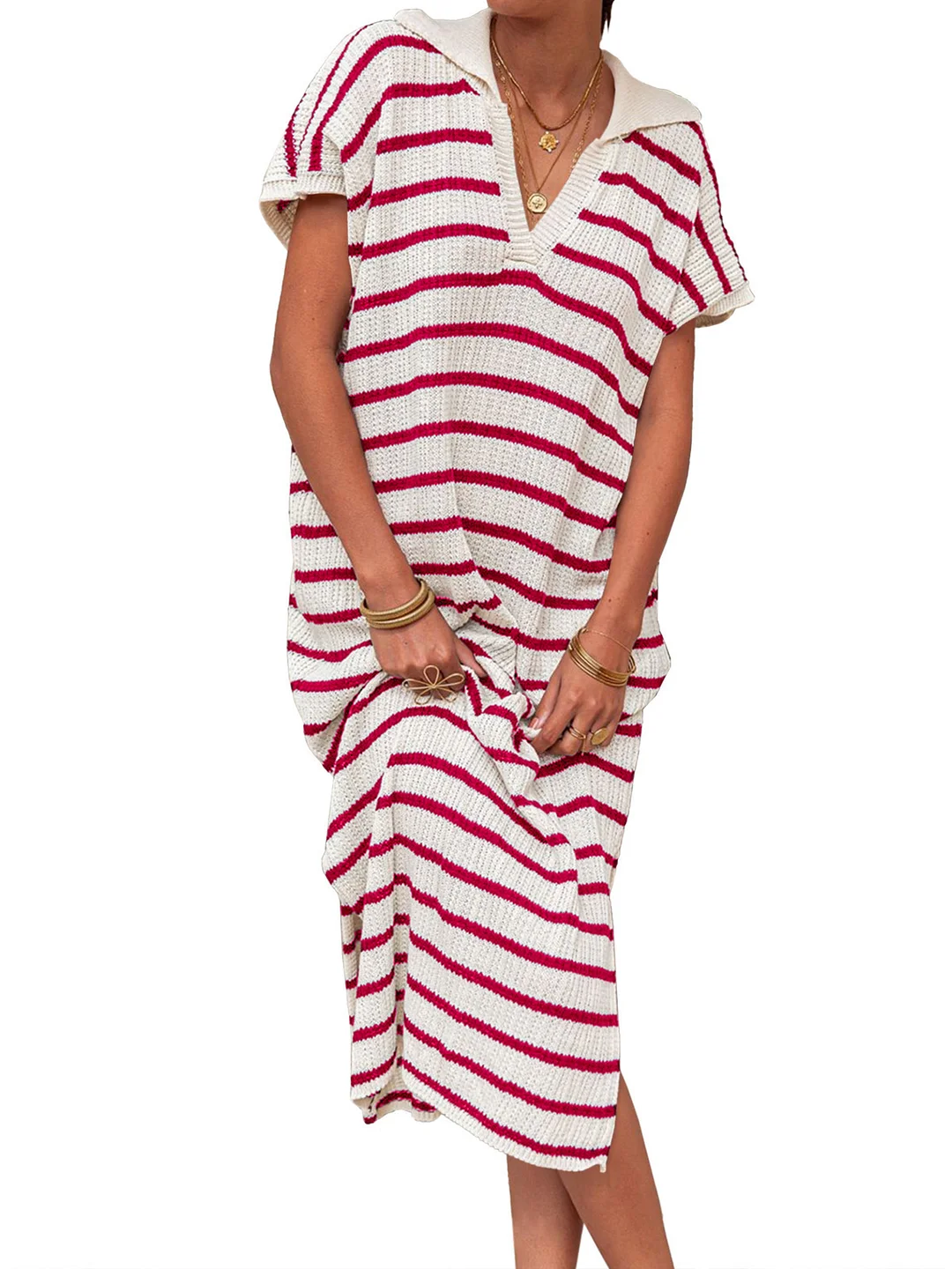 Woherb Woherb Summer Dress Women's V-Neck Stripe Low Slit Lapel Long Sweater Even-Outfit Ideas