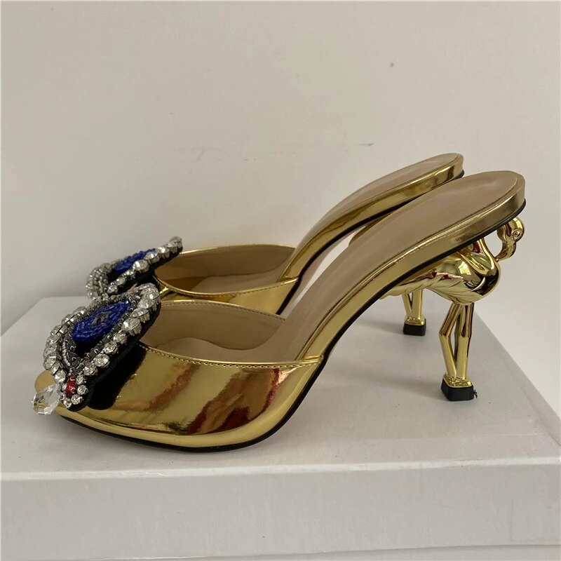 VCSHOES Diamond Jeweled Flower Sandals For Girls Women Slingbacks Peep Toe Patent Leather Flamingo Strange Heel Party Shoes