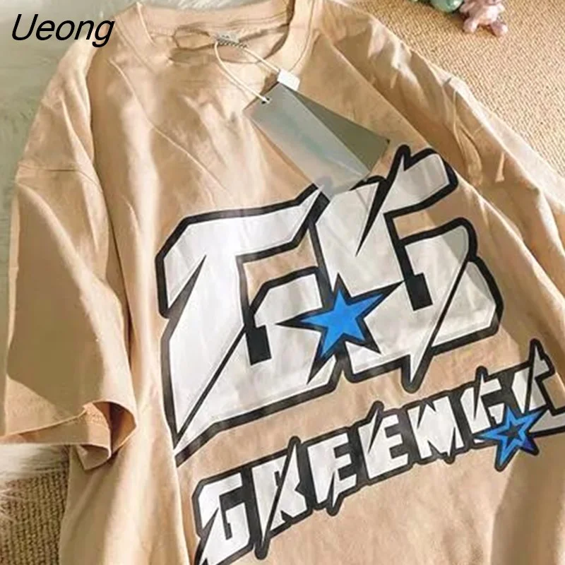 Ueong and American high street trend letter short sleeved T shirt couple clothes loose summer casual tops for men and women