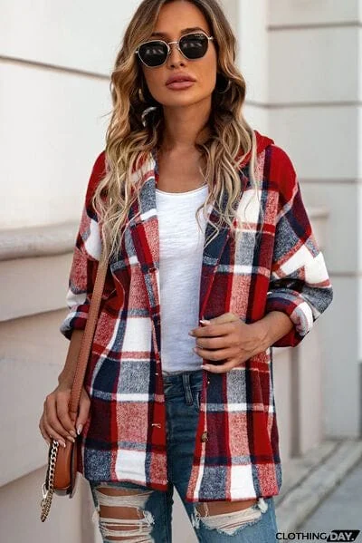 Button Up Plaid Hooded Jacket