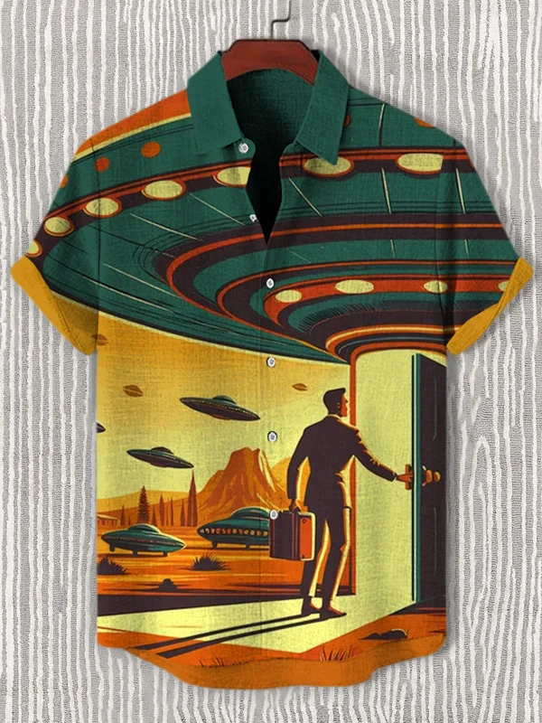 Men's Entering UFO Sci-Fi Art Print Casual Shirt