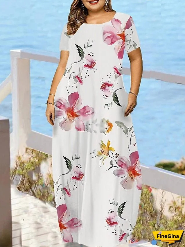 Plus Size Casual Sweater Dress Graphic Floral Long Sweater Dress Maxi Sweater Dress Sleeveless Pocket Print Crew Neck Fashion Daily White Orange Summer Spring L XL XXL 3XL 4XL for Women