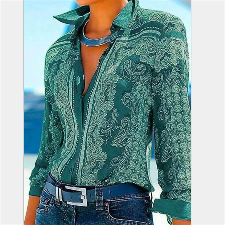 Vintage Print Floral Lapel Long Sleeves Button Up Casual Blouses